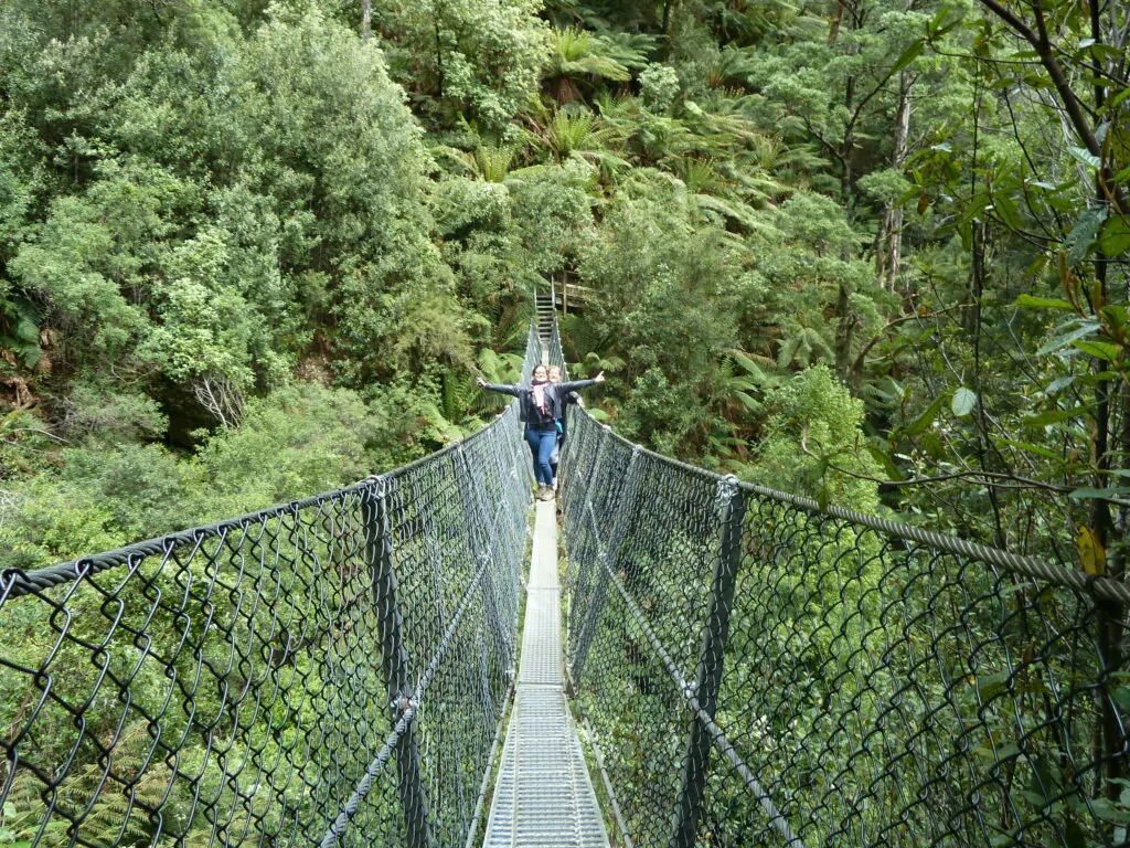 Woman stands on suspension bridge surrounded by rainforest
